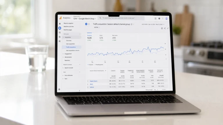 Laptop on a bright white kitchen island displaying a Google Analytics 4 dashboard with upward trending traffic from multiple channels as part of a guide on how to promote your blog