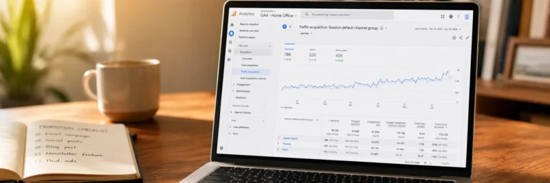 Laptop on a warm walnut home office desk displaying Google Analytics 4 showing traffic growth from multiple channels including organic search and Pinterest as part of how to promote your blog