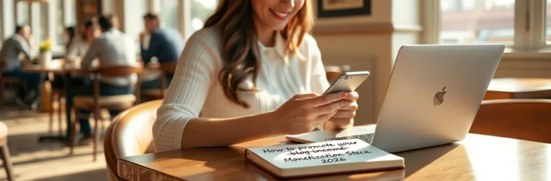 Female blogger checking recurring income while working at a café with blog monetization notes while she builds out her blog monetization strategies.