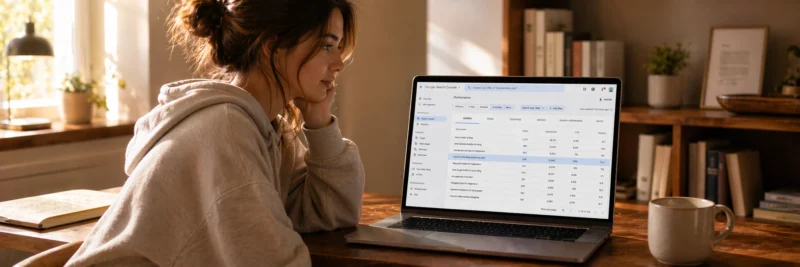 Woman in casual home working clothes at a warm walnut home office desk with laptop showing Google Search Console performance report with clicks, impressions, CTR and position columns as part of how to read blog analytics