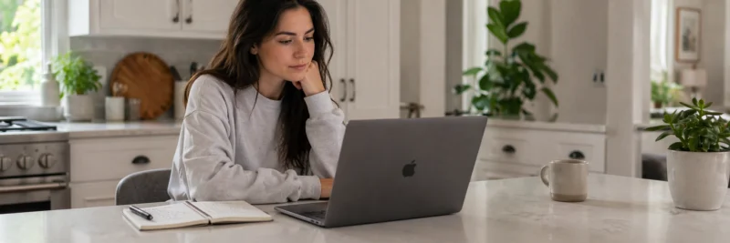 Woman in casual clothes at a bright white kitchen island with laptop showing the SEOWriting AI outline editor with a structured blog post outline as part of how to use AI for blogging