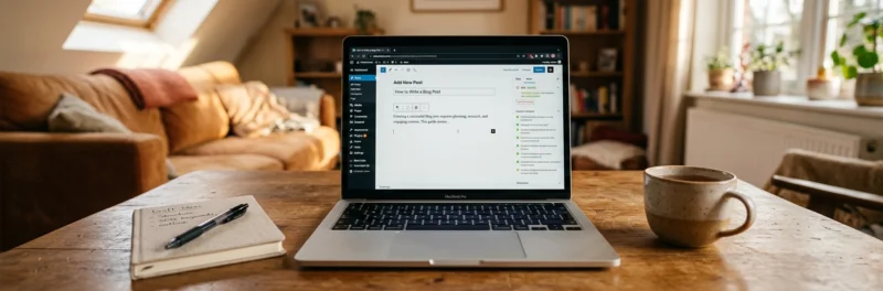 Laptop on a warm living room coffee table displaying the WordPress Gutenberg editor with a blog post titled how to write a blog post open and in progress with the Rank Math panel visible