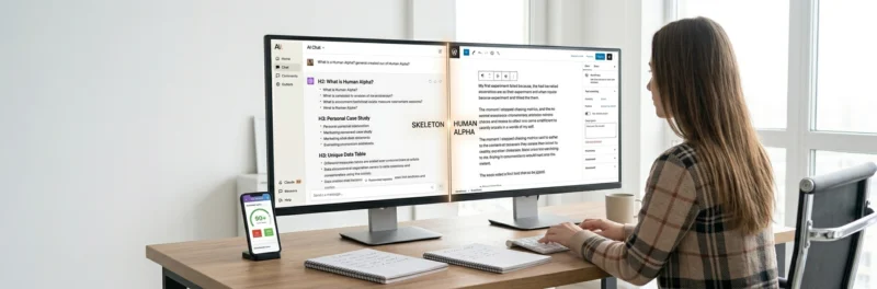 A woman in a plaid cardigan using a split-screen laptop with AI outlining and manual WordPress writing, demonstrating the Human Alpha hybrid method.