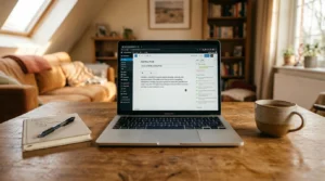 Laptop on a warm living room coffee table displaying the WordPress Gutenberg block editor with a blog post titled how to write a blog post being written with the Rank Math panel visible