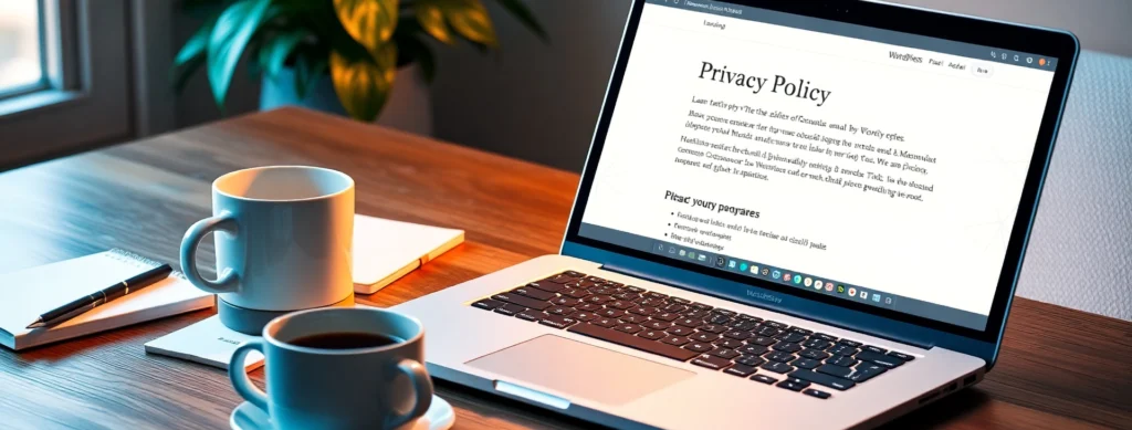 Photorealistic image of a blogger setting up legal pages, showcasing blog legally and ethically and blogging policies beginners need in 2025