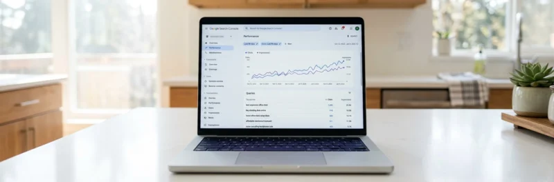Laptop on a bright white kitchen island displaying the Google Search Console performance report with an upward trending graph showing growing traffic from buyer-intent keywords relevant to make money blogging affiliate marketing