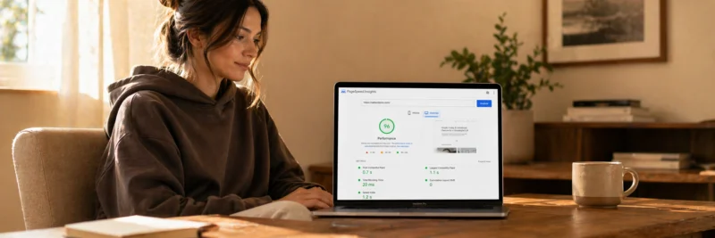 Woman in casual home working clothes at a warm walnut home office desk with laptop showing a high green Google PageSpeed Insights performance score as part of how to make your blog look professional