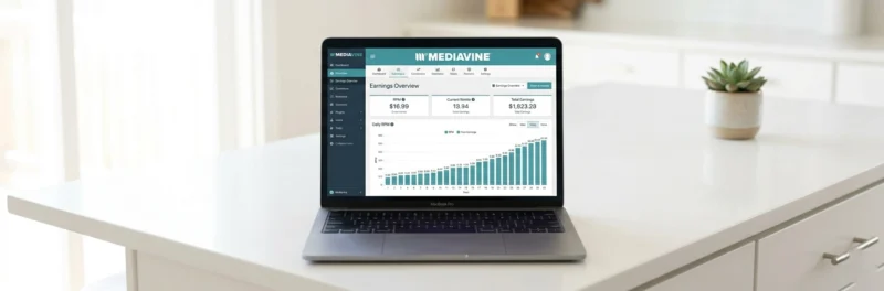 Laptop on a bright white kitchen island displaying the Mediavine publisher dashboard with RPM and earnings stats as an example of how to monetize a blog for beginners through display advertising