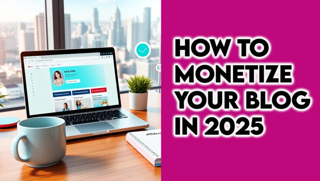 Photorealistic image of a blogger’s office with a blog dashboard, Canva eBook, and Pinterest analytics, representing how to monetize your blog in 2025