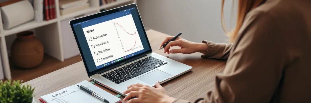 Female Blogger Using a Checklist to Evaluate Blogging Niches Based on Audience Size and Competition; Bullet Journal with Highlighted or Crossed-out Niche Ideas on Desk.