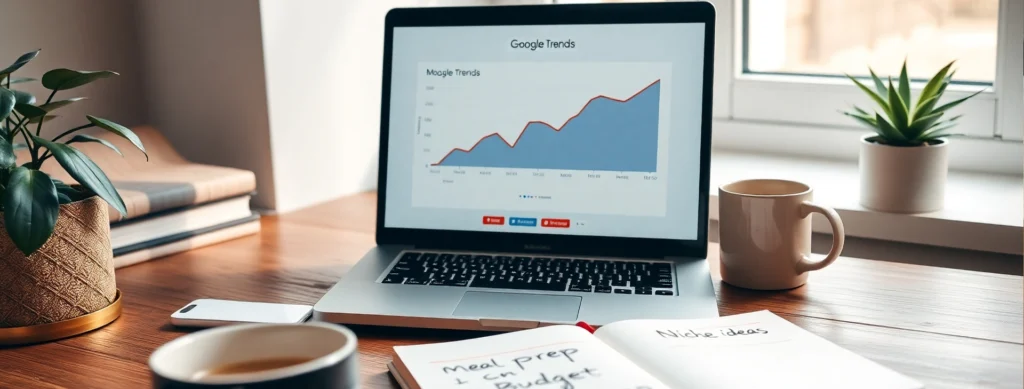 A photorealistic image of a blogger brainstorming niches with Google Trends, showcasing choose a blog niche and blog niche for beginners in 2025.
