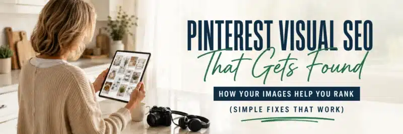 Pinterest visual SEO: reviewing pin images on a tablet in a bright kitchen