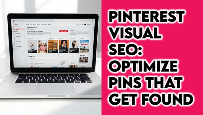 Laptop Screen Showing Pinterest Pin Optimization Dashboard with Colorful Pins and Visual Seo Tips  Thesidehustler.blog