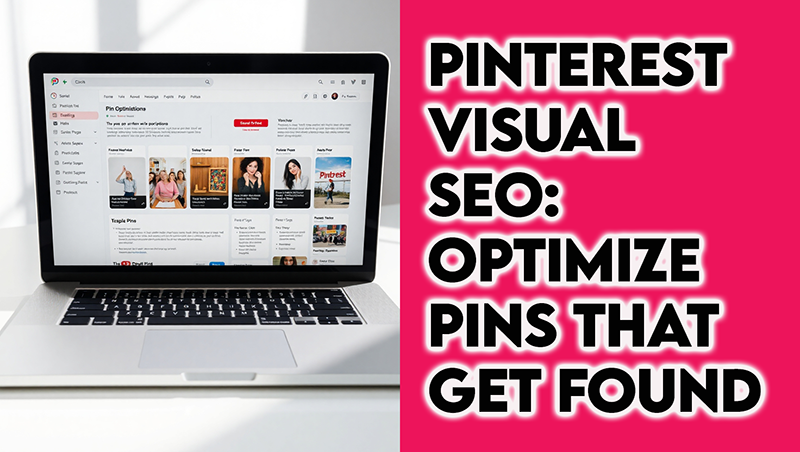 Laptop Screen Showing Pinterest Pin Optimization Dashboard with Colorful Pins and Visual Seo Tips  Thesidehustler.blog