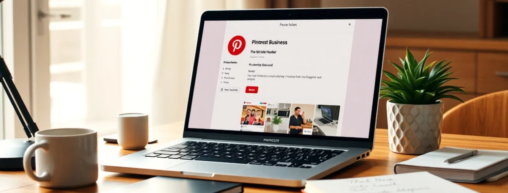 A photorealistic image of a blogger setting up a Pinterest Business account, showcasing promote your blog on Pinterest and beginner Pinterest marketing in 2025