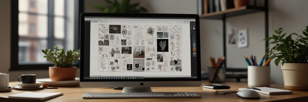 Freelance Graphic Design for Beginners — Launch Your Creative Career From Home (2025) 5 A photorealistic image of a computer screen showing a Notion portfolio with mock designs, illustrating how to build a design portfolio with no experience for freelance graphic design for beginners in 2025.