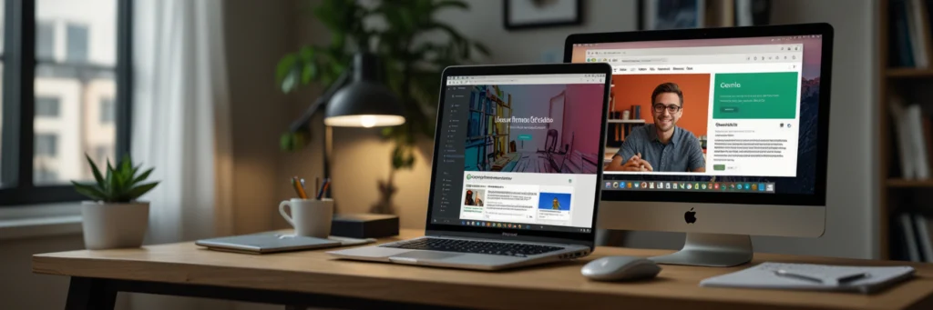 How to Build a Freelance Portfolio With No Experience in 2025 (Step-by-Step Guide) 6 A semi-stylized digital art of a laptop showing an Upwork profile with a portfolio link, highlighting no experience freelance work and how to create a freelance portfolio in 2025.