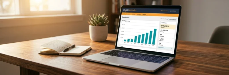 Laptop on a warm walnut home office desk displaying the Amazon Associates affiliate earnings dashboard showing growing monthly income as an example of profitable blog niches