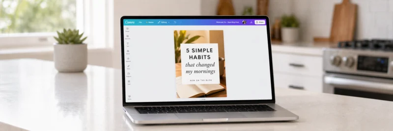  Laptop on a bright white kitchen island displaying Canva with a blog post being repurposed into a vertical Pinterest pin template as a way to promote blog posts across multiple channels