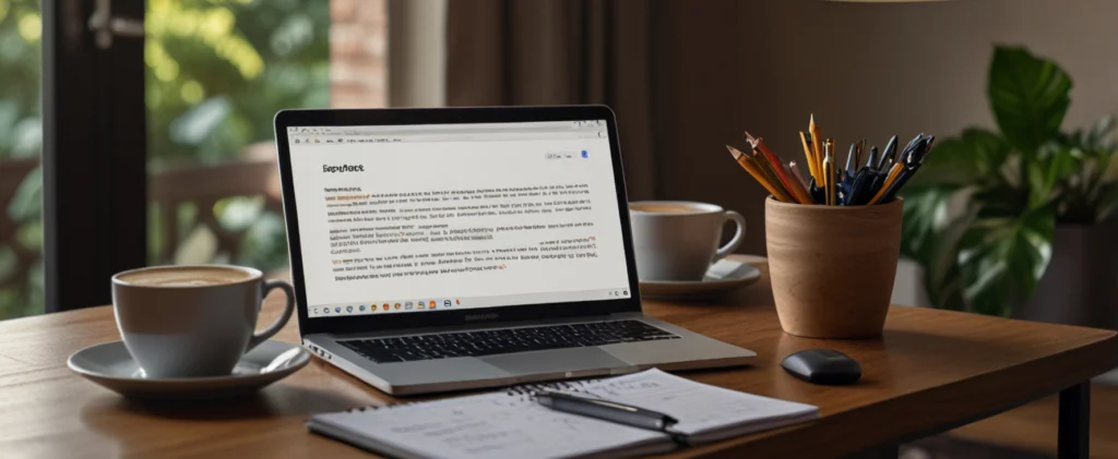 How to Become a Proofreader Online (2025 Proven Success Guide) 2 A photorealistic image of a proofreader’s home office with a laptop showing tracked changes, ideal for online proofreading jobs for beginners and remote proofreading jobs in 2025.
