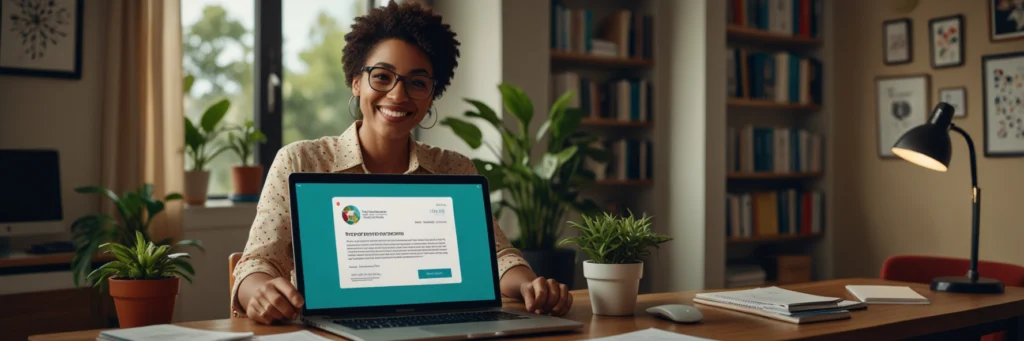 How to Become a Proofreader Online (2025 Proven Success Guide) 5 A semi-stylized digital art of a proofreader earning a certification on their laptop, highlighting proofreading certifications for remote proofreading jobs in 2025.