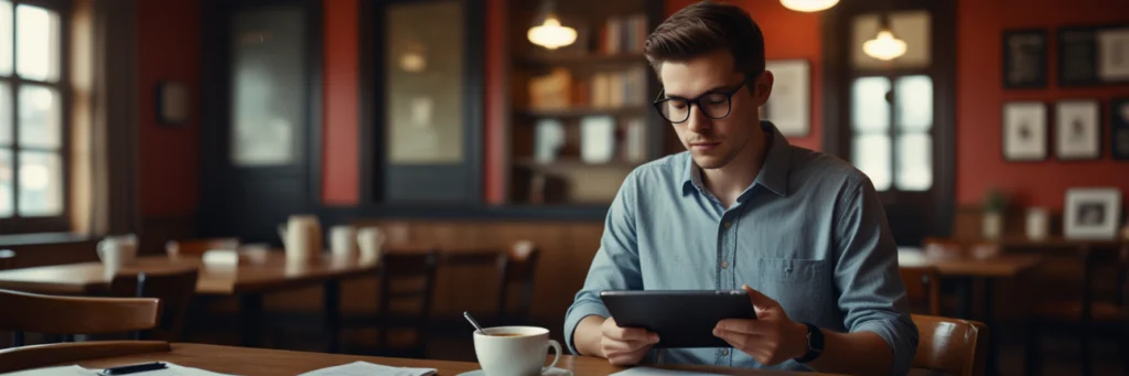 How to Become a Proofreader Online (2025 Proven Success Guide) 3 A semi-stylized illustration of a proofreader marking up a manuscript in a café, showcasing how to start proofreading and get paid to proofread as a beginner in 2025.