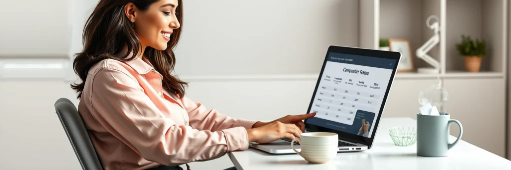 Woman Researching Competitor Freelance Pricing Rates on Laptop with Charts and Analytics.
