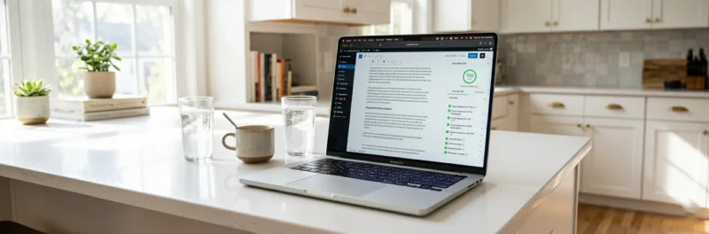 Laptop on a bright white kitchen island displaying the Rank Math SEO plugin with a fully completed green checklist covering all SEO basics for bloggers before publishing