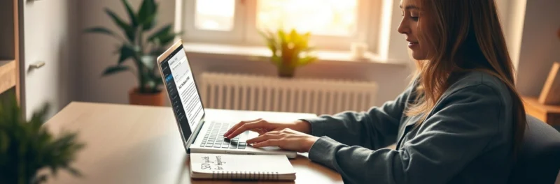 Female blogger working at laptop with notebook showing SEO guide for beginners in a natural home office setup