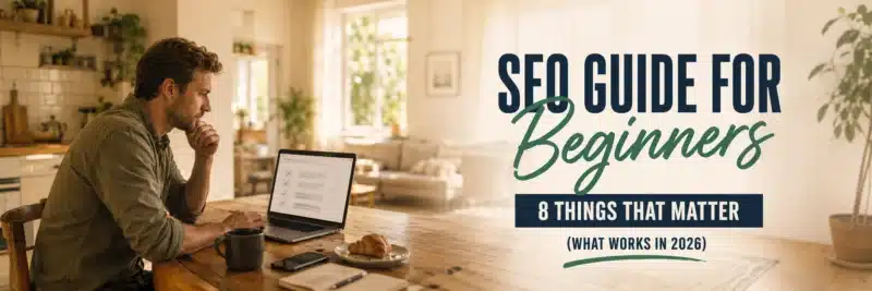 Man reading an SEO guide for beginners on a laptop
