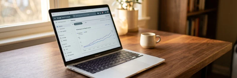 Laptop on a warm walnut home office desk displaying the Google Search Console overview dashboard with an upward trending graph as part of an SEO guide for beginners