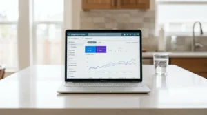 Laptop on a bright white kitchen island displaying the Google Search Console overview dashboard with an upward trending impressions and clicks graph as part of an SEO guide for beginners
