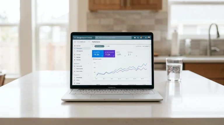 Laptop on a bright white kitchen island displaying the Google Search Console overview dashboard with an upward trending impressions and clicks graph as part of an SEO guide for beginners