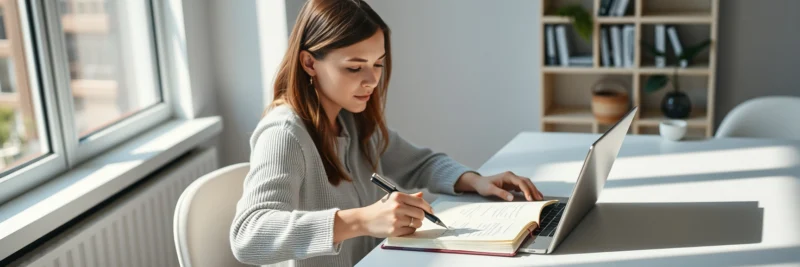 Beginner blogger researching keywords and writing notes for SEO content strategy