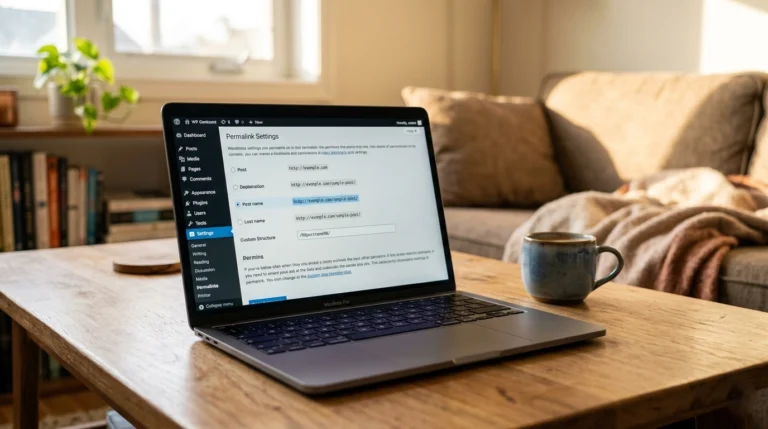 Laptop on a warm living room coffee table displaying the WordPress permalinks settings page as part of how to set up a WordPress blog correctly