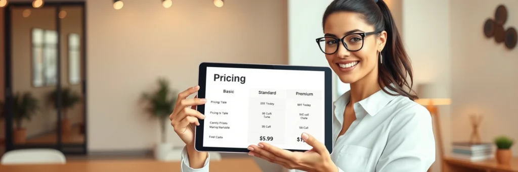 Freelancer Designing Service Pricing Tiers Labeled Basic, Standard, and Premium on a Tablet.