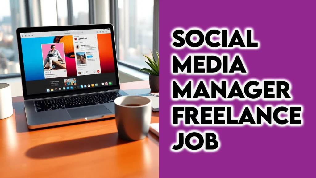 A photorealistic image of a social media manager in a modern home office with Canva, Tailwind, and Upwork, surrounded by social media icons, representing social media manager freelance job and social media VA jobs in 2025