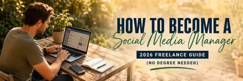 A man in his thirties working on a laptop at a patio table, showing how to become a freelance social media manager in 2026