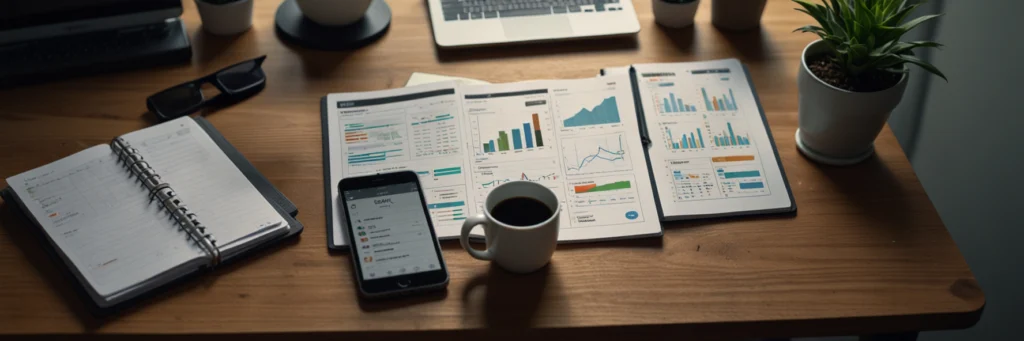 Social Media Manager Mastery: Launch Your Freelance Career in 2025 6 A photorealistic top-down view of a social media manager’s desk with Later, Sprout Social, and Canva, showcasing tools for social media manager freelance job and social media freelance job in 2025.