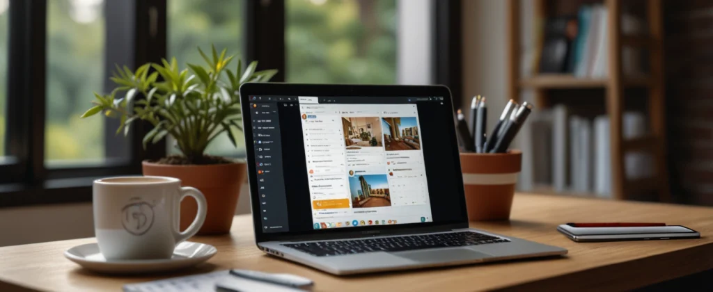 Social Media Manager Mastery: Launch Your Freelance Career in 2025 2 A photorealistic image of a social media manager’s home workspace with Canva, Tailwind, and Metricool, ideal for social media manager freelance job and social media VA jobs in 2025.
