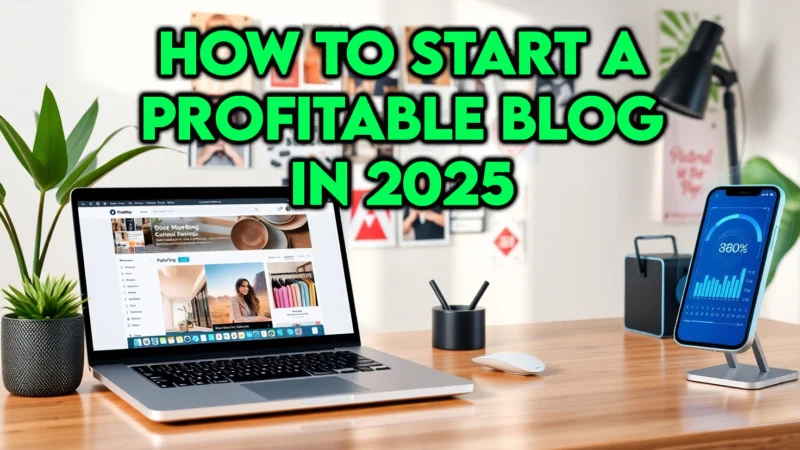 Modern blogger setup in 2025 with laptop, AI tools, and Pinterest open