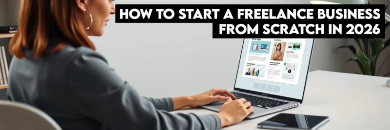 A freelance beginner using the Canva platform to easily create a professional, high-impact portfolio needed to start a freelance business.