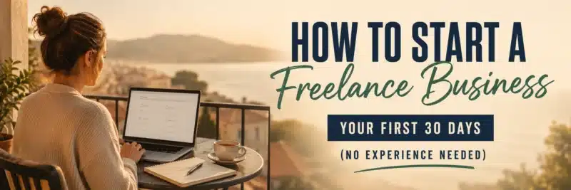 A woman in her fifties planning on a laptop at a balcony table, showing how to start a freelance business in your first 30 days