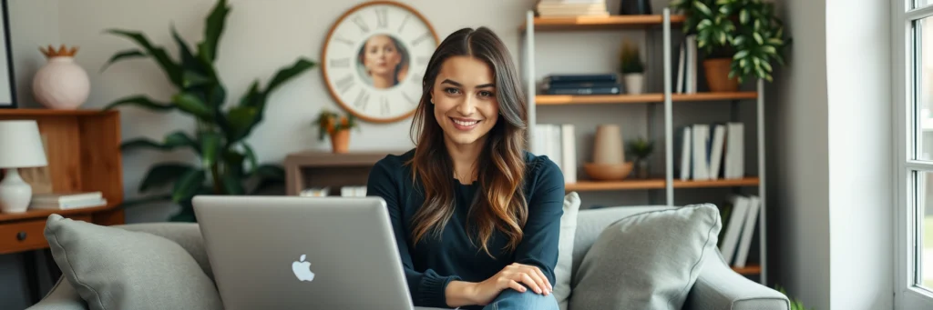 Confident Woman at Her Laptop Finalizing Her Blog Niche and Content Plan; Screen Shows Blog Homepage Draft with Niche Theme Like “mindful Living,” Warm and Stylish Workspace.