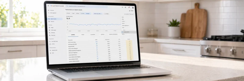 Laptop on a bright white kitchen island displaying the Google Search Console performance report showing average position data with posts ranking in positions 8 to 20 highlighted as part of understanding blog traffic data