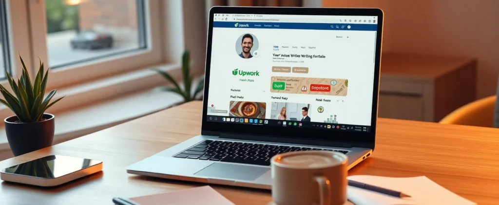Best Freelance Job Platforms to Find Work in 2025: Beginner-Friendly Guide 2 A photorealistic image of a freelancer’s Upwork profile setup, showcasing the best freelance platforms 2025 and freelance websites for beginners