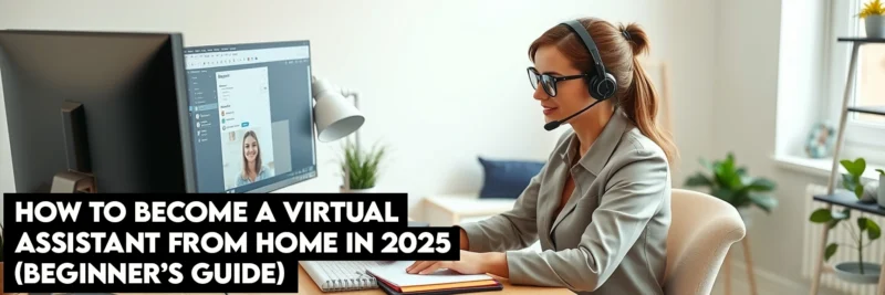 Professional female virtual assistant managing multiple tasks with dual monitors in well-equipped home office