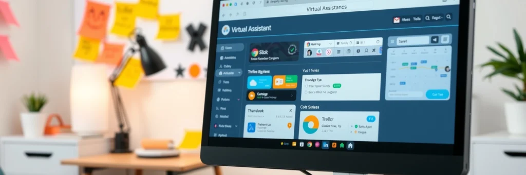 How to Start a Successful Remote Freelance Career in 2025 (Even With No Experience) 4 A photorealistic close-up of a computer screen showing a virtual assistant’s dashboard with Trello and Slack, representing freelance side hustle ideas for starting freelancing in 2025.