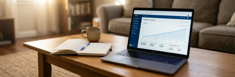 Laptop on a warm living room coffee table displaying the Kit ConvertKit email dashboard with a growing subscriber graph as one of the most effective ways to make money blogging