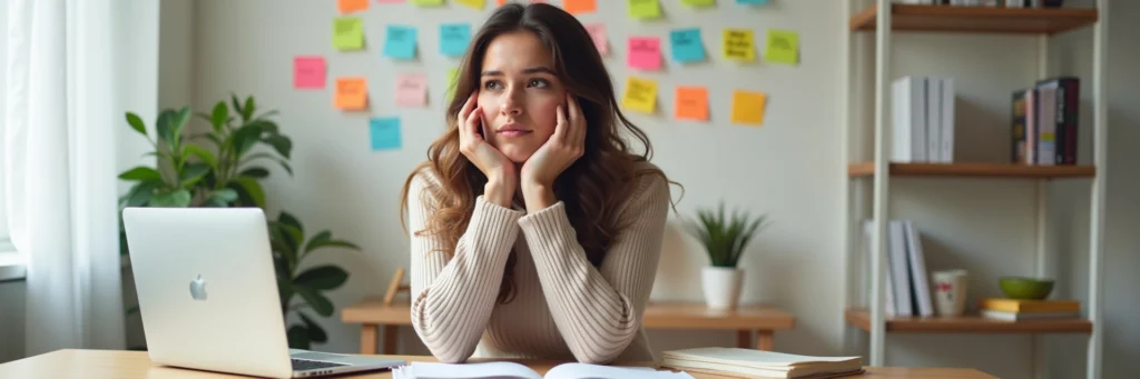 Photo of a Female Blogger Surrounded by Notebooks and Sticky Notes with Blog Niche Ideas Like Fashion, Travel, and Wellness; Looks Thoughtfully Overwhelmed While Brainstorming Blog Direction.